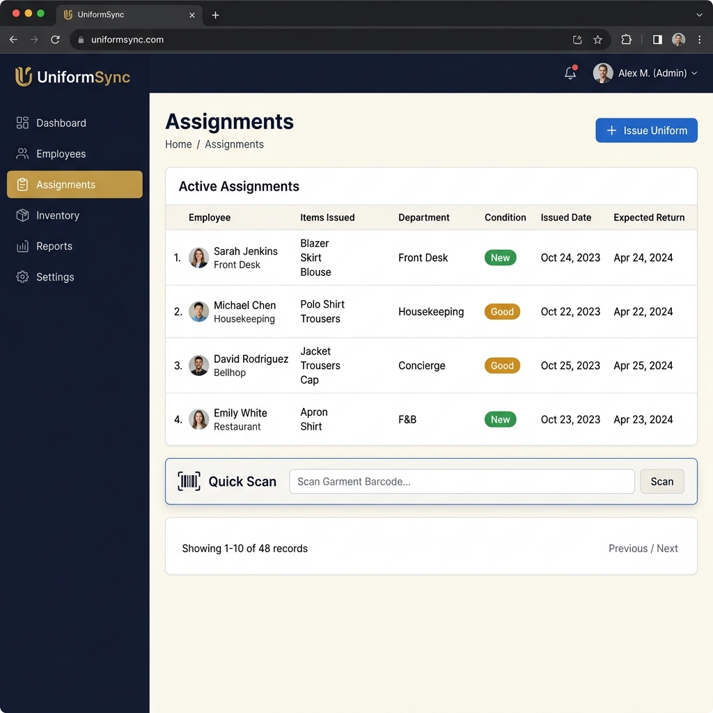 Uniformly Assignments page showing active uniform issuances and quick scan input